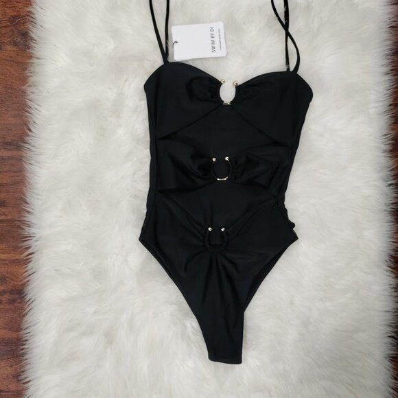Swim by DI Black Cut-Out One-Piece Swimsuit With Rings & Adjustable Straps M - Picture 7 of 13